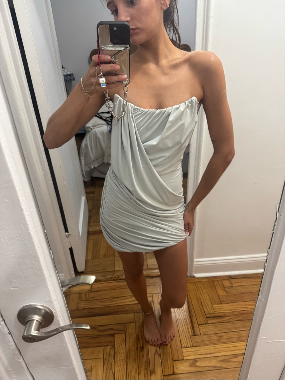 Strapless Ruched Mini Dress in Pale Gray